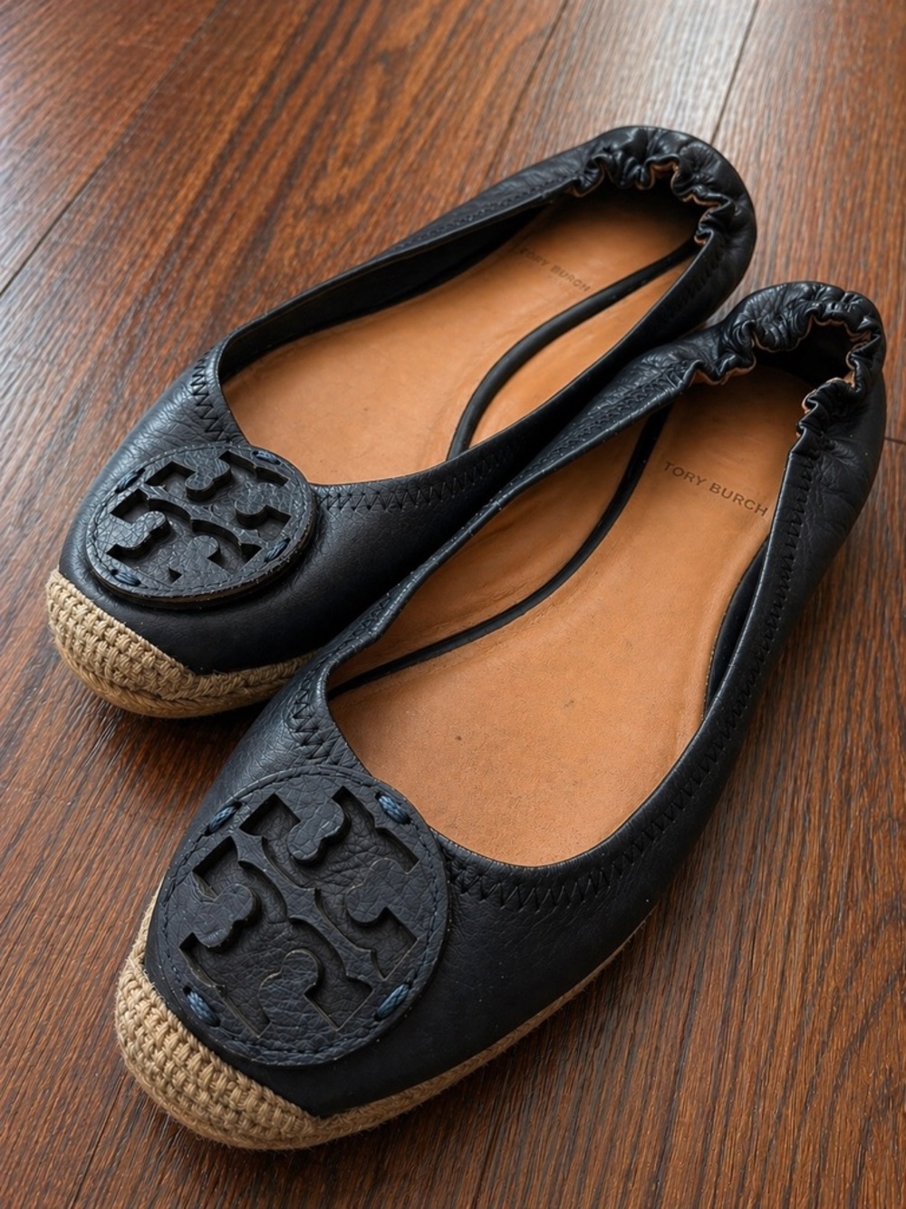 Tory Burch Navy Blue Leather Logo Espadrille Ballet Flats Slides Shoes 8 Holts